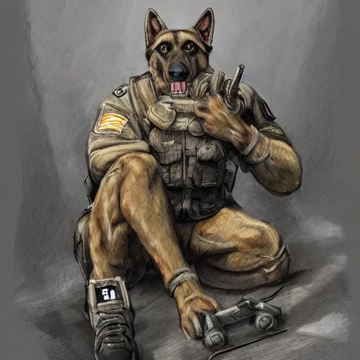 Image similar to a humanoid german shepherd beast - man in military style, sitting on the carpeted floor beside a bed, highly detailed portrait, digital painting, artstation, concept art, smooth, sharp foccus ilustration, artstation