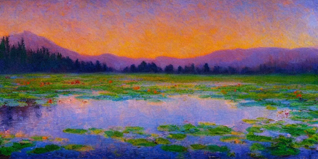 Image similar to impressionism painting of a pond of water lily on a foggy morning, red barn in distance, sun low on horizon through snow capped mountains, soft light