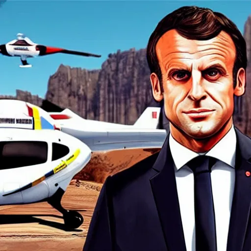 Prompt: Emmanuel Macron on GTA V cover art