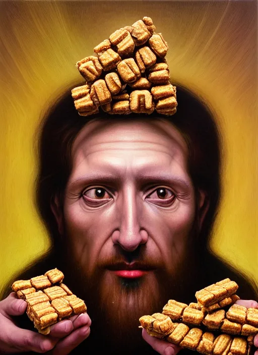 Prompt: hyper detailed 3d render like an Oil painting - Portrait of Jesus Christ eating a Snickers bar by Jacek Yerka, Mariusz Lewandowski, Houdini algorithmic generative render, Abstract brush strokes, Masterpiece, Edward Hopper and James Gilleard, Zdzislaw Beksinski, Mark Ryden, Wolfgang Lettl, hints of Yayoi Kasuma, octane render, 8k