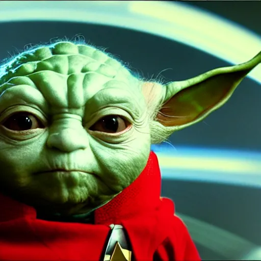 Prompt: 8k HDR hyperrealism stunning portrait photo of Yoda cosplaying as Star Trek: The Next Generation Captain