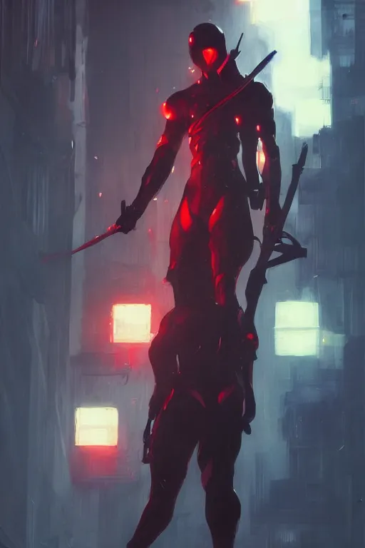 Image similar to portrait of ninja slayer, japan, neon lighting, night city, digital art from artstation by Ruan Jia and Mandy Jurgens and Artgerm and william-adolphe bouguereau and Greg Rutkowski