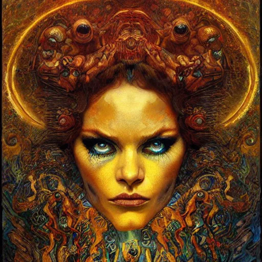 Image similar to Visions of Hell by Karol Bak, Jean Deville, Gustav Klimt, and Vincent Van Gogh, nightmare portrait, infernal, visionary, otherworldly, fractal structures, ornate gilded medieval icon, third eye, hellfire, spirals, cosmic horror