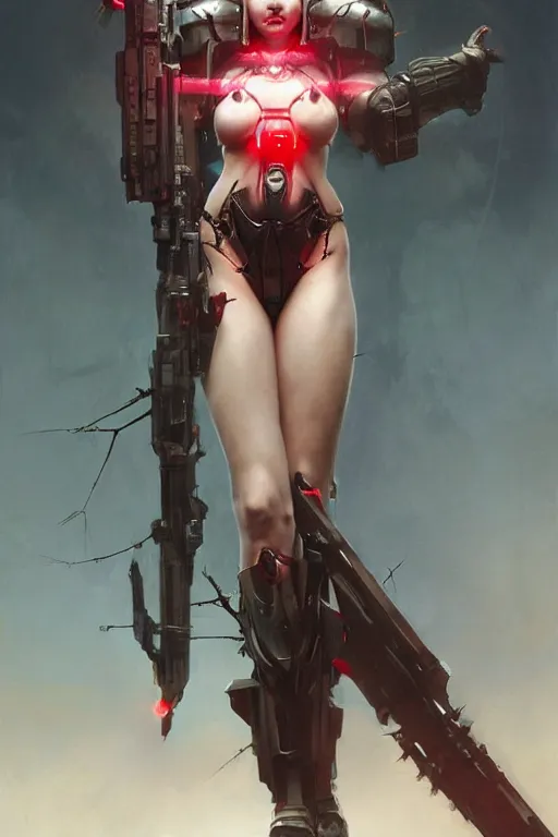 Image similar to Portrait of beautiful pale smiling cyborg maiden in bikini armor with crown of thorns and glowing red eyes, cyberpunc, Warhammer 40000, digital art from artstation by Ruan Jia and Mandy Jurgens and Artgerm and william-adolphe bouguereau