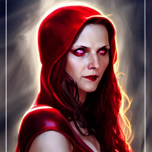 Prompt: Scarlet witch marvel, Sarah Michelle Gellar, evil smile, realistic character concept, medium shot, fun pose, comic book, illustration, slender symmetrical face and body, cinematic lighting, high resolution, Charlie Bowater, Norman Rockwell, symmetrical eyes, single face, insanely detailed and intricate, beautiful