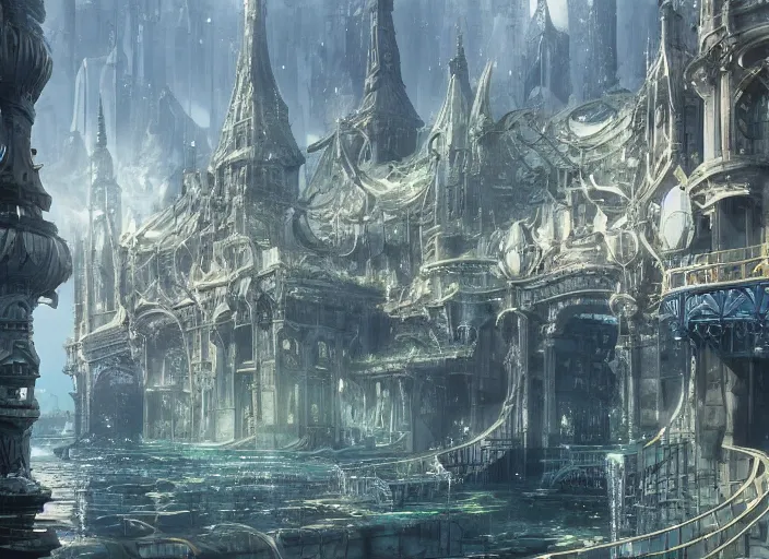 Prompt: A beautiful under water city made of black steel and glass, anime, fountain, statue, a fantasy digital painting by Greg Rutkowski and James Gurney, trending on Artstation, highly detailed