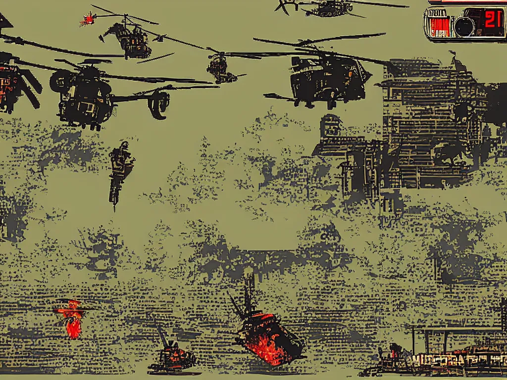 Prompt: Apocalypse Now as a Sega Mega Drive Genesis helicopter game