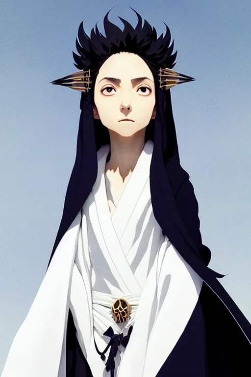 Image similar to raven headed warlock doing magic spells wind, white robes, finely detailed perfect face, exquisite details, mid view, design on a white background, by studio muti, greg rutkowski makoto shinkai takashi takeuchi studio ghibli