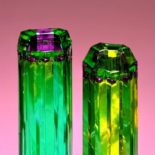 Prompt: emerald glass town, high detailed, tall scycrappers, pink and purple and yellow and green glass,