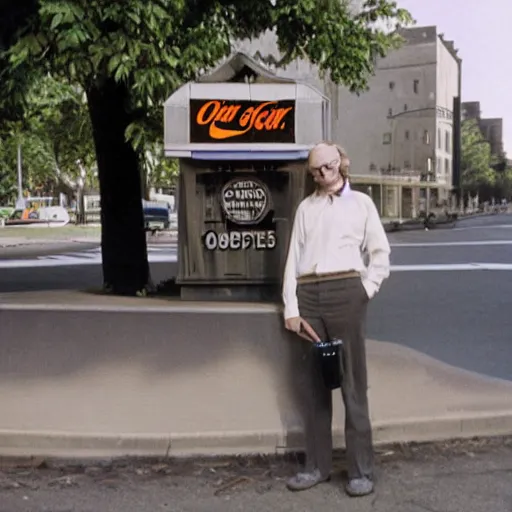 Image similar to hugh hopper on a street corner eating an orange and sipping diet pepsi