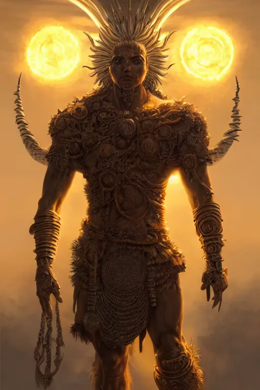 Image similar to humanoid god of the sun, highly detailed, d & d, fantasy, hyper detailed, digital painting, trending on artstation, apollo, concept art, sharp focus, illustration, art by artgerm and magali villeneuve and greg rutkowski and michael whelan, cryengine, 8 k realistic atmospheric lighting, frostbite 3 engine