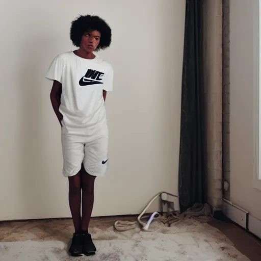 Image similar to realistic! photoshoot for a new nike lookbook, color film photography, portrait of a beautiful woman, location in a apartment, highly detailed, 8K, in style of tyler mitchell, 35mm