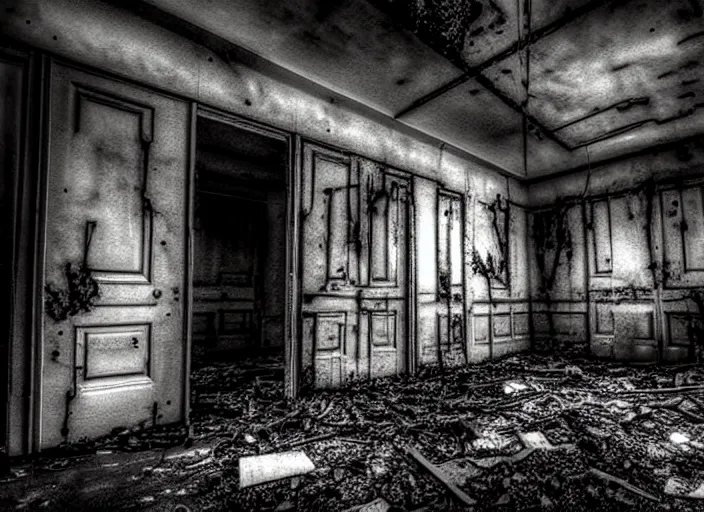 Prompt: creepy abandoned building at night, liminal space, nightmare fuel, grotesque, cursed, found footage, necromorph, back rooms