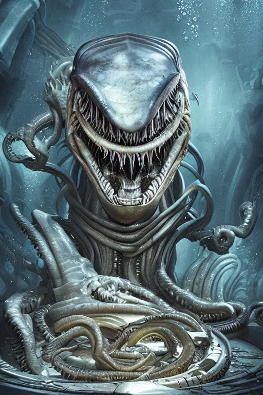 Image similar to underwater xenomorph alien mixed with sharks extra teeth, tentacles, emerging from labyrinth, highly detailed, digital painting, artstation, concept art, smooth, sharp focus, illustration, unreal engine 5, 8 k, art by david levy and carlos huante and ifbb pro fitness photograph