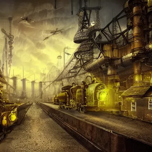 Prompt: beautiful steampunk landscape, industrial city, matte painting, yellow colors