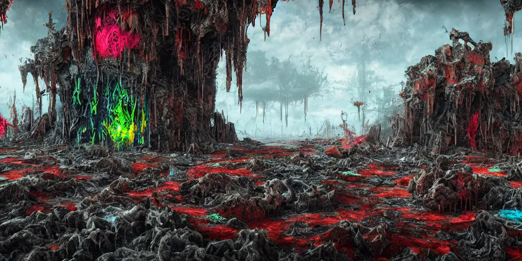 Image similar to ruination, outright devastation, landscape, intricate complexity, horror, rainbow drip paint, psychedelic glitch art, trending on art station, photoreal, 8k, octane render