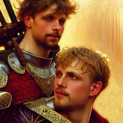 Image similar to attractive arthur pendragon and his attractive male knight, they are in love, natural lighting, path traced, highly detailed, high quality, digital painting, by gaston bussiere, craig mullins, alphonse mucha j. c. leyendecker