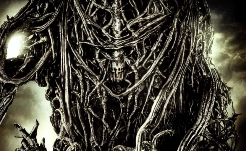 Image similar to movie still, lord of the rings frodo baggins in the style of h. r. giger, dark, cinematic, directed by ridley scott, cinema scope