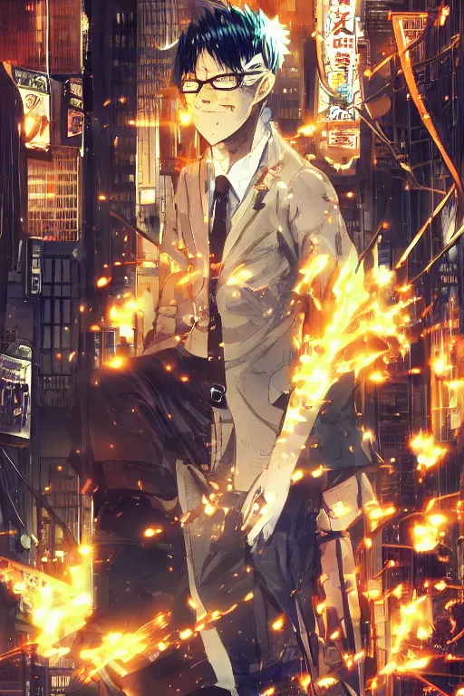 Image similar to manga cover, orange-headed businessman, intricate cyberpunk city, emotional lighting, character illustration by tatsuki fujimoto, chainsaw man, fire punch