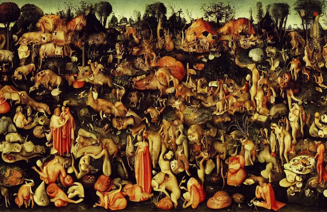 Image similar to vegetarians and carnivores, painting by bosch, extremely detailed triptych