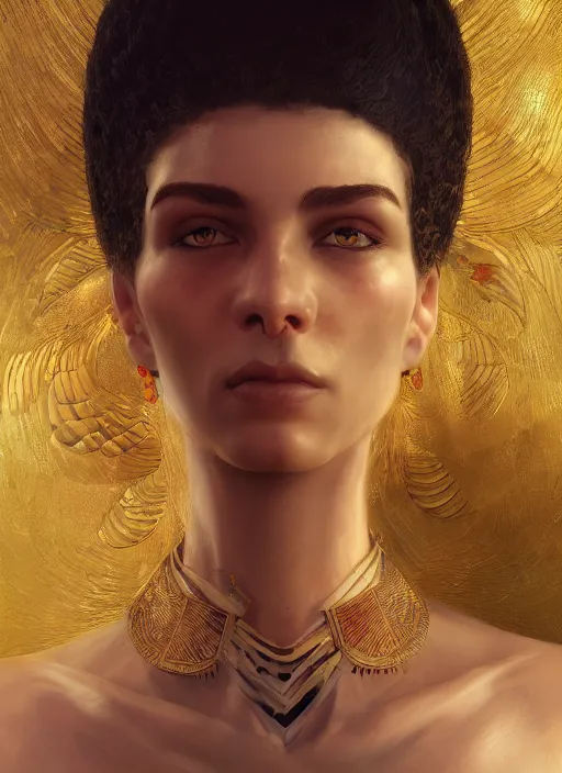 Image similar to the personification of the country egypt, au naturel, hyper detailed, digital art, trending in artstation, cinematic lighting, studio quality, smooth render, fluorescent skin, unreal engine 5 rendered, octane rendered, art style by klimt and nixeu and ian sprigger and wlop and krenz cushart