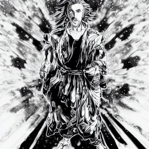 Prompt: black and white pen and ink!!!!!!! Yoshitaka Amano designed Ryan Gosling wearing cosmic space robes made of stars final form flowing royal hair golden!!!! Vagabond!!!!!!!! floating magic swordsman!!!! glides through a beautiful!!!!!!! Camellia!!!! Tsubaki!!! flower!!!! battlefield dramatic esoteric!!!!!! Long hair flowing dancing illustrated in high detail!!!!!!!! by Moebius and Hiroya Oku!!!!!!!!! graphic novel published on 2049 award winning!!!! full body portrait!!!!! action exposition manga panel black and white Shonen Jump issue by David Lynch eraserhead and beautiful line art Hirohiko Araki!! Rossetti, Millais, Mucha, Jojo's Bizzare Adventure
