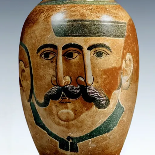 Image similar to a beautiful ancient greek amphora museum ceramic pottery vase depicting stalin waving