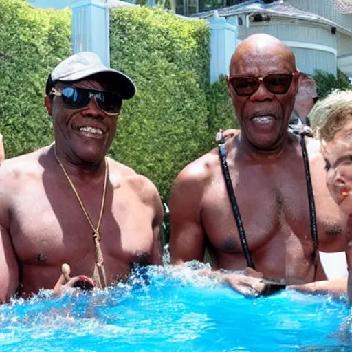 Image similar to a bunch of samuel l jackson at a pool party