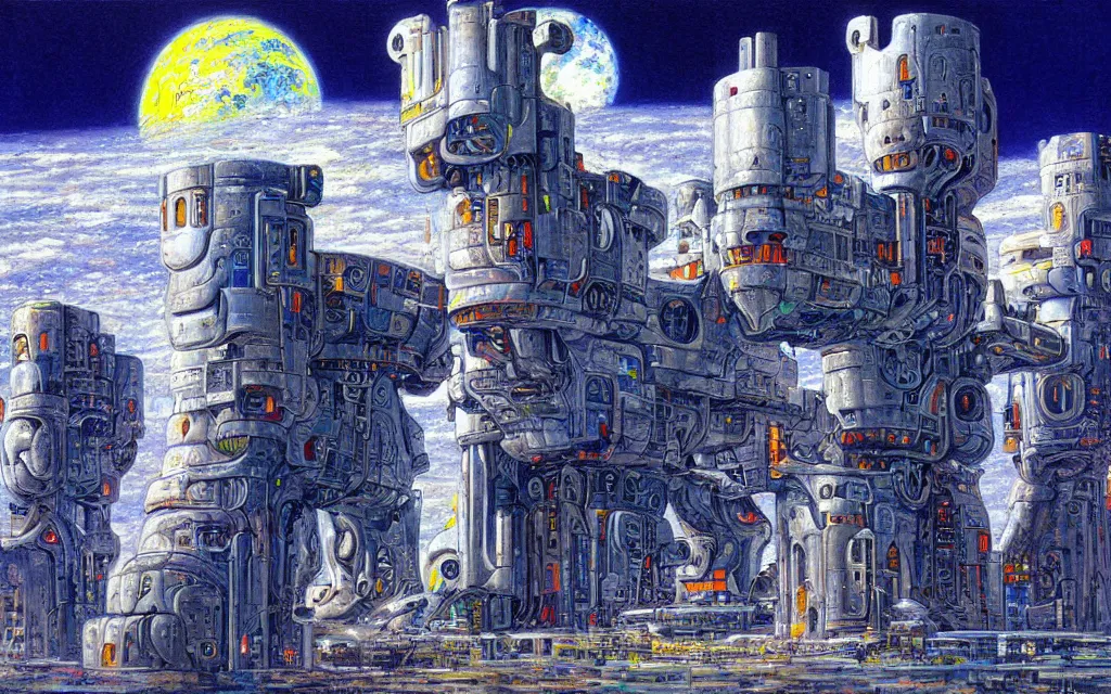 Image similar to futurist cyborg castle, perfect future, award winning art by alan bean, sharp color palette