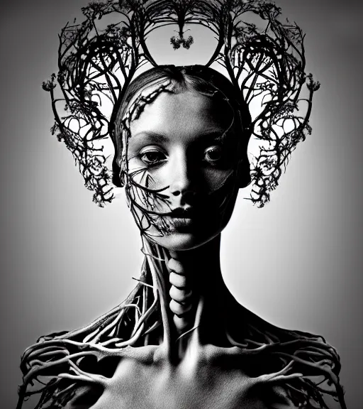 Image similar to dark background, a black and white high quality dreamy photo of a young beautiful female queen-vegetal-cyborg bust with a very long neck and delicate Mandelbrot fractal face, anatomical, facial muscles, veins, arteries, elegant, highly detailed, flesh highly baroque ornate, hair are curled wired cables, elegant, poetic, soft, dreamy, mysterious, high fashion, rim light, in the style of Ellen von Unwerth, Realistic, Refined, Digital Art, Highly Detailed, Cinematic Lighting, rim light, black and white, photo-realistic, 8K