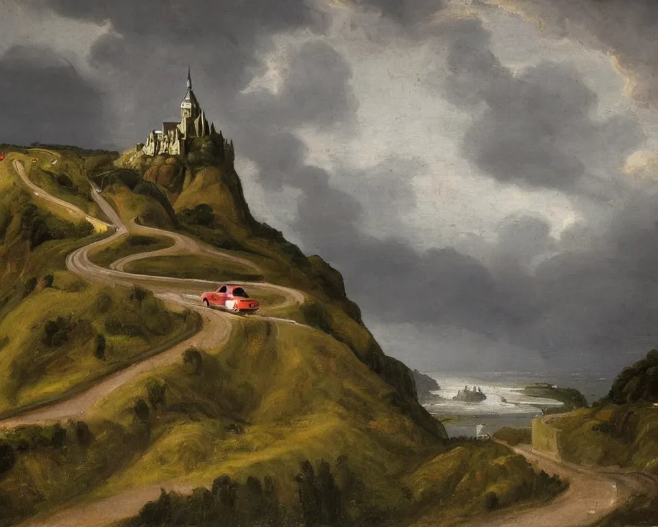 Prompt: a magnificent oil painting of a classic Porsche on a cliffside road near Mont Saint-Michel , during a thunderstorm, by Raphael and Hopper.