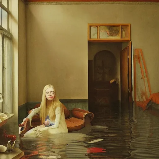 Image similar to painting of Elle Fanning in a flooded house interior, by Bosch