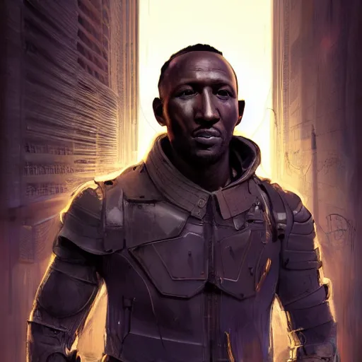 Prompt: mahershala ali portrait, dystopia core, apocalyptic, armor, warrior, dramatic, sharp focus, fiction, neon, fantasy, hyper detailed, digital art, trending in artstation, cinematic lighting, studio quality, smooth render, unreal engine 5 rendered, octane rendered, art style and nixeu and wlop and krenz cushart