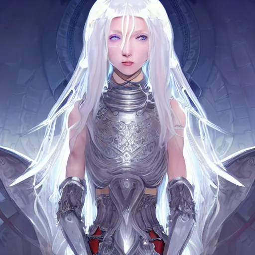 Image similar to portrait white hair knights of Zodiac girl, Sliver ice color reflected armor, in ruined Agora of Athens Sunrise, ssci-fi and fantasy, intricate and very very beautiful and elegant, highly detailed, digital painting, artstation, concept art, smooth and sharp focus, illustration, art by tian zi and WLOP and alphonse mucha