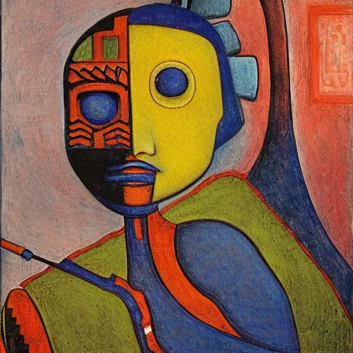 Image similar to portrait of a robot shaman, by annie swynnerton and and rufino tamayo and jean delville and edward hopper and evelyn de morgan, art deco shaman, stylized geometric flowers, art brut, outsider art, symbolist, dramatic lighting, god rays, clean crisp graphics, smooth sharp focus, extremely detailed, adolf wolfli