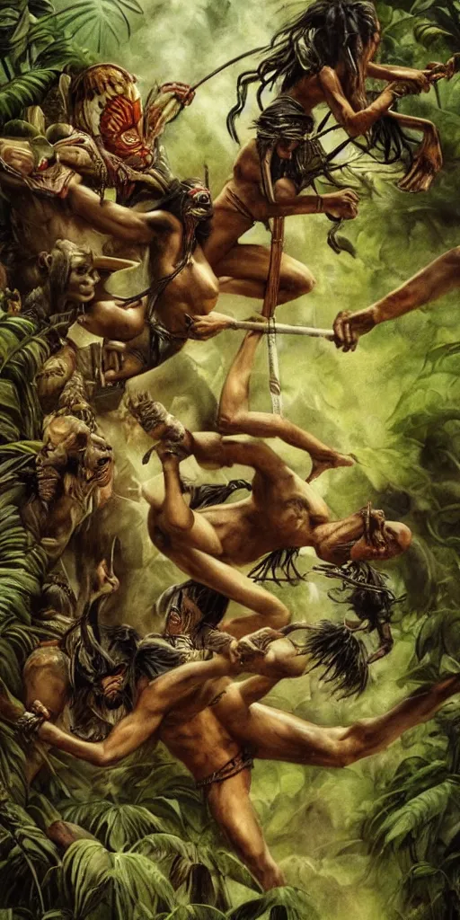 Image similar to battle in jungle, brutal aztec and Amazonian fight, epic, vintage, blood, slight inspiration of Boris vallejo and apocalypto, war photography