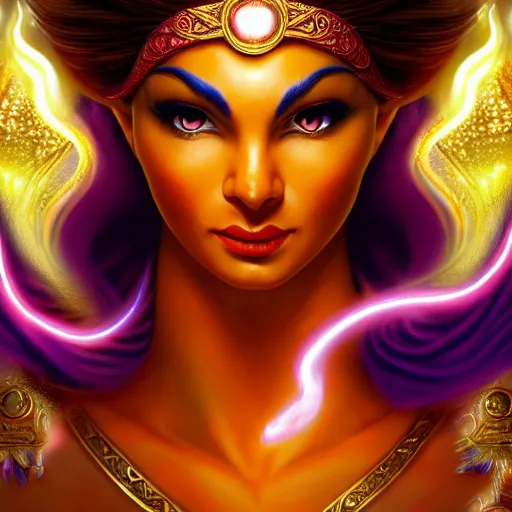 Image similar to all powerful genie, a god, god, ecstatic, infinite power, manic, perfect eyes, full body shot, magical being, magic, portrait, noble, transformation, vivid colors, elegant, concept art, sharp focus, digital art, Hyper-realistic, 4K, Unreal Engine, Highly Detailed, HD, Dramatic Lighting by Brom, trending on Artstation