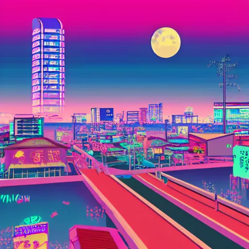 Prompt: synthwave japanese town with moon background, sharp focus, 8 k, high details