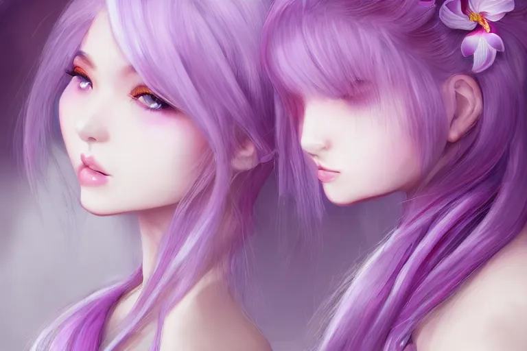 Image similar to A girl who's hair is light-silvery pink with orchid purple eyes, waist-length. Wearing a cherry blossom chopstick in the bun of her hair. Her skin is Ivory White pixiv artist WLOP artstation artist Mam BA artstation real photo very detailed