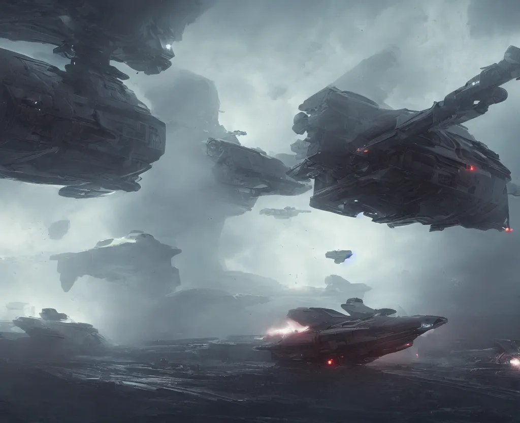 Prompt: sci - fi spaceship in combat, in planet atmosphere and dense fog, explosions, highly detailed, trending on artstation, denis villeneuve