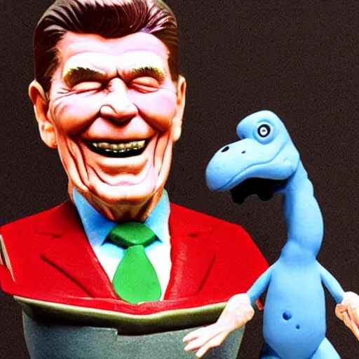 Image similar to claymation ronald reagan vs dinosaur