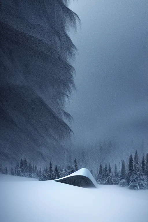 Image similar to a futuristic scene in front of a zaha hadid building in the forrest of the french alps in the style of chris moore, stormy weather, cinematic matte painting, extreme detail photo quality, dark moody colors, snowfall, featured on behance