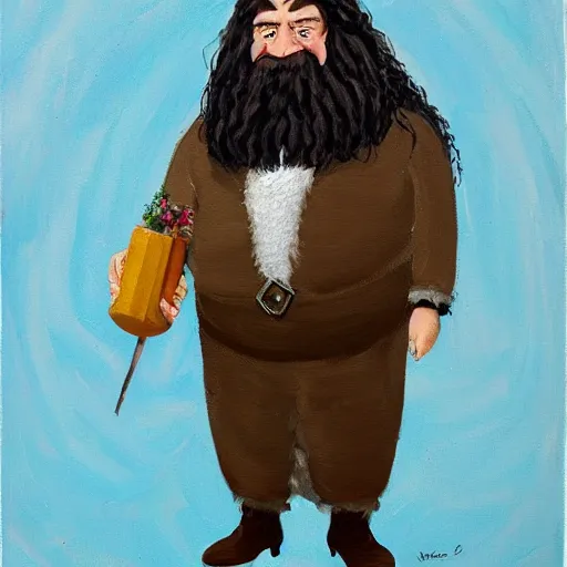 Image similar to thin happy hagrid oil painting