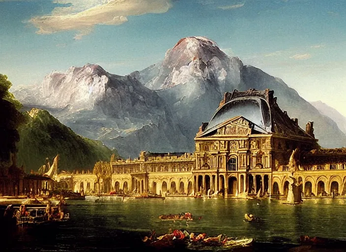 Image similar to painting of the louvre museum in front of beautiful mountains by thomas cole