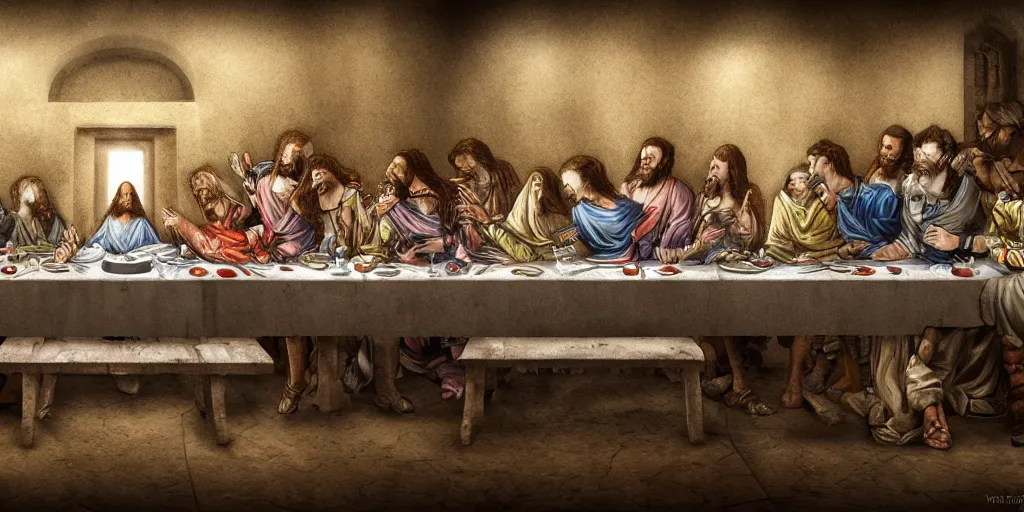Image similar to last supper realistic robot , A Monster Emerges - trending on art station , depth of field
