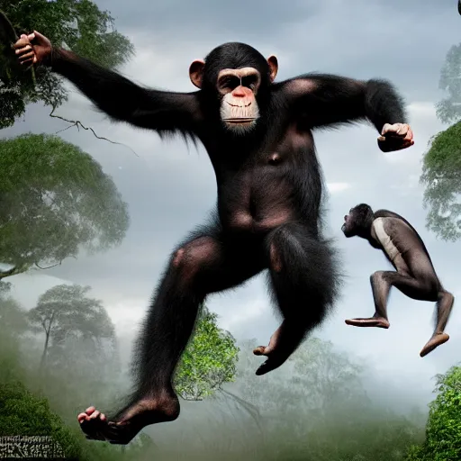 Image similar to Angry Chimpanzee Jumping, Epic Jump, Cinematic Photo, Cinematic Shot, Jungle, Foliage Boris Vallejo, Epic, 8k resolution, ArtStation, Hyperrealistic