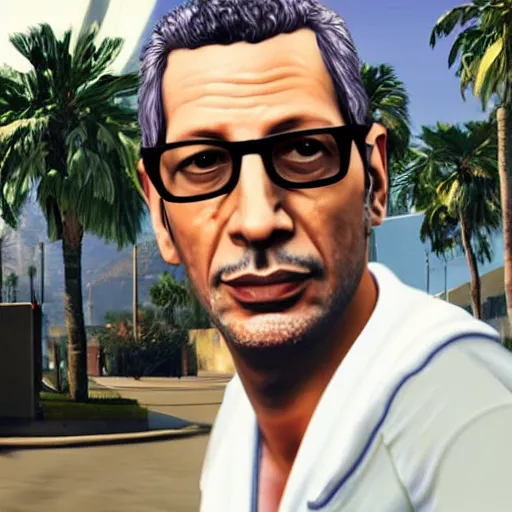 Prompt: Jeff Goldblum in GTA v. Los Santos in the background, palm trees. In the art style of Stephen Bliss