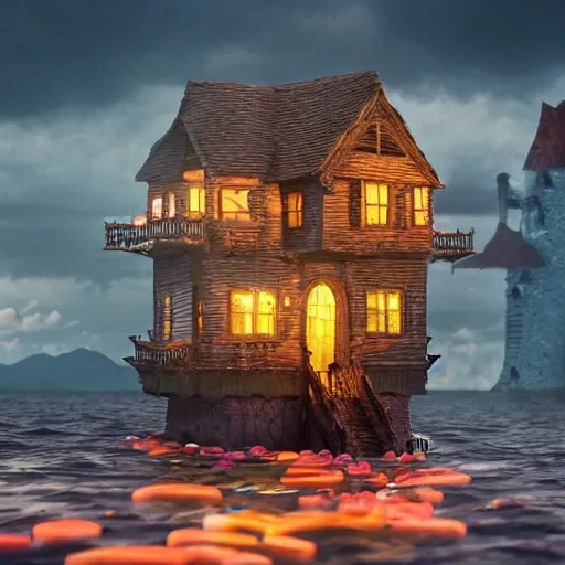Image similar to a witches house made out of candy floating on the ocean, a scary witch standing on the front, epic scene, fantasy, cinematic, redshift render, cgi, hyper - detailed, photo - bash, 8 k post - production, masterpiece