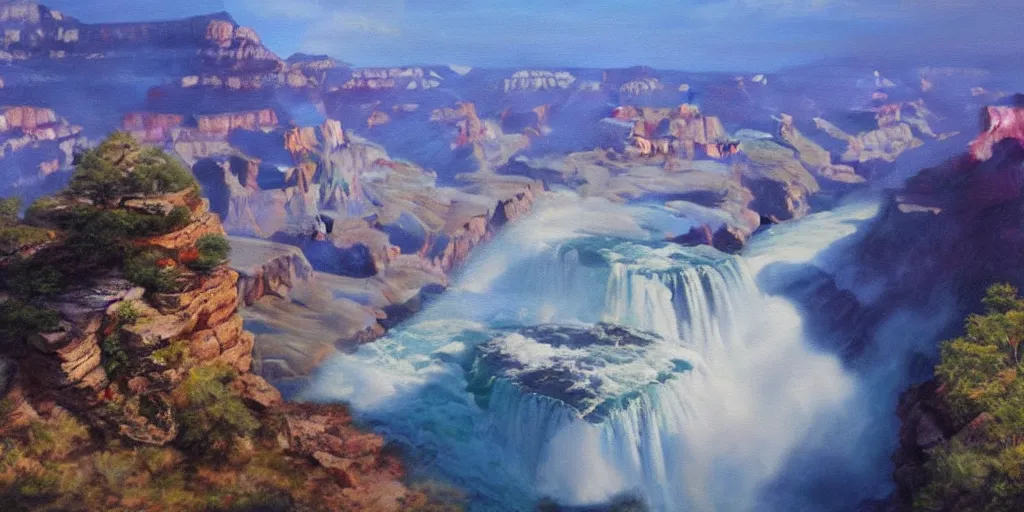 Prompt: Grand Canyon, Niagara Falls, Mount Fuji, cinematic lighting, detailed oil painting, hyperrealistic, 8k