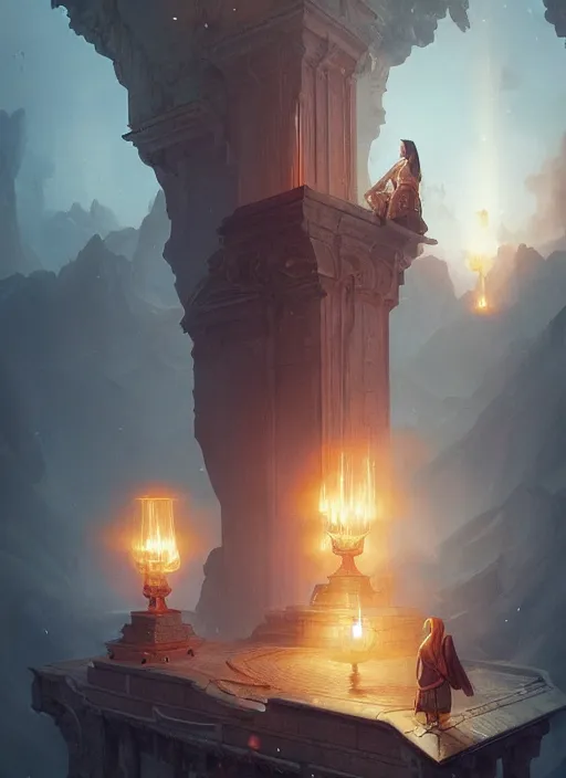 Prompt: 7 wonders of the realm, photorealistic movie still by michael komarck, greg rutkowski, victo ngai, artgerm, willem claesz heda and j. dickenson